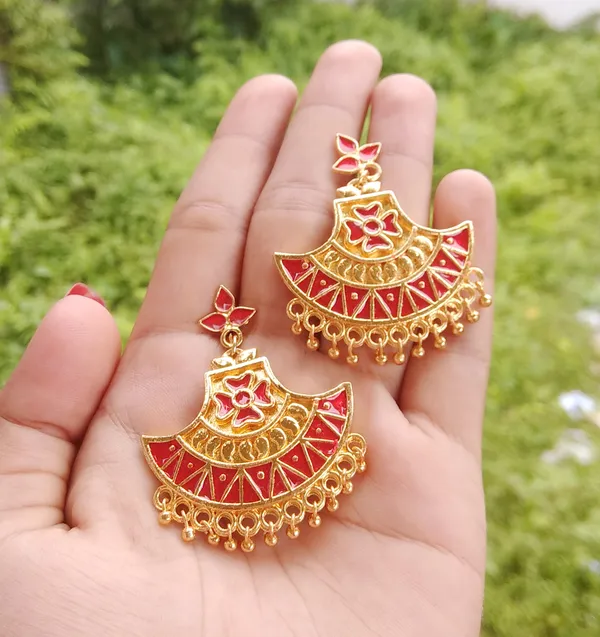 Assamese_Traditional_Copper_Gold_Plated_Red_Colour_Jhumki_Earring_For_Girls_&_Women